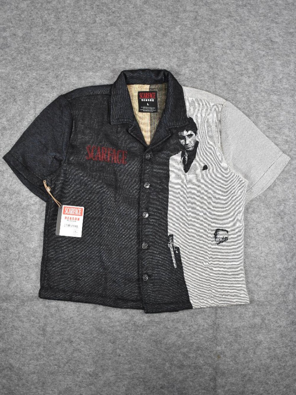 NWT Reason x Scarface Black White Woven Tapestry Button-Up Shirt Mens Size Large